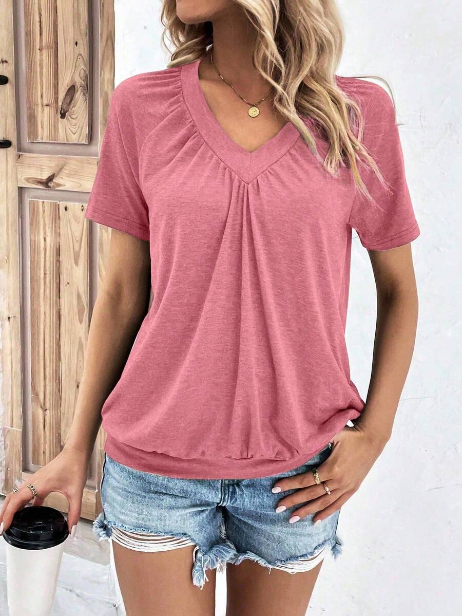 EMERY ROSE Women's Solid Color V-Neck Ruched Raglan Short Sleeve Casual T-Shirt, Summer - Dusty Pink - View 1