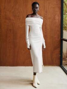 Lumivelle 优雅时尚年轻女士简约露肩大翻领腰袖褶饰 A 字下摆开衩连衣裙，秋冬 - 杏色 - 查看 3