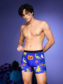 Notgurli Halloween Colorblock Pumpkin Dinosaur Ghost Spider Web Cute Funny High Waist Boxer Briefs, Comfortable Lifting For Men - Blue - View 7