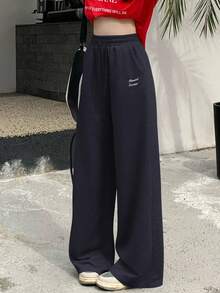 DAZY Women's Contrast Color Letter Print Drawstring Design Pants - Navy Blue - View 5