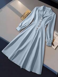 GlowEve Đầm nữ cổ chữ V tay dài, dài vừa phải, cài nút kim loại thanh lịch - Màu xanh lam - Xem 7