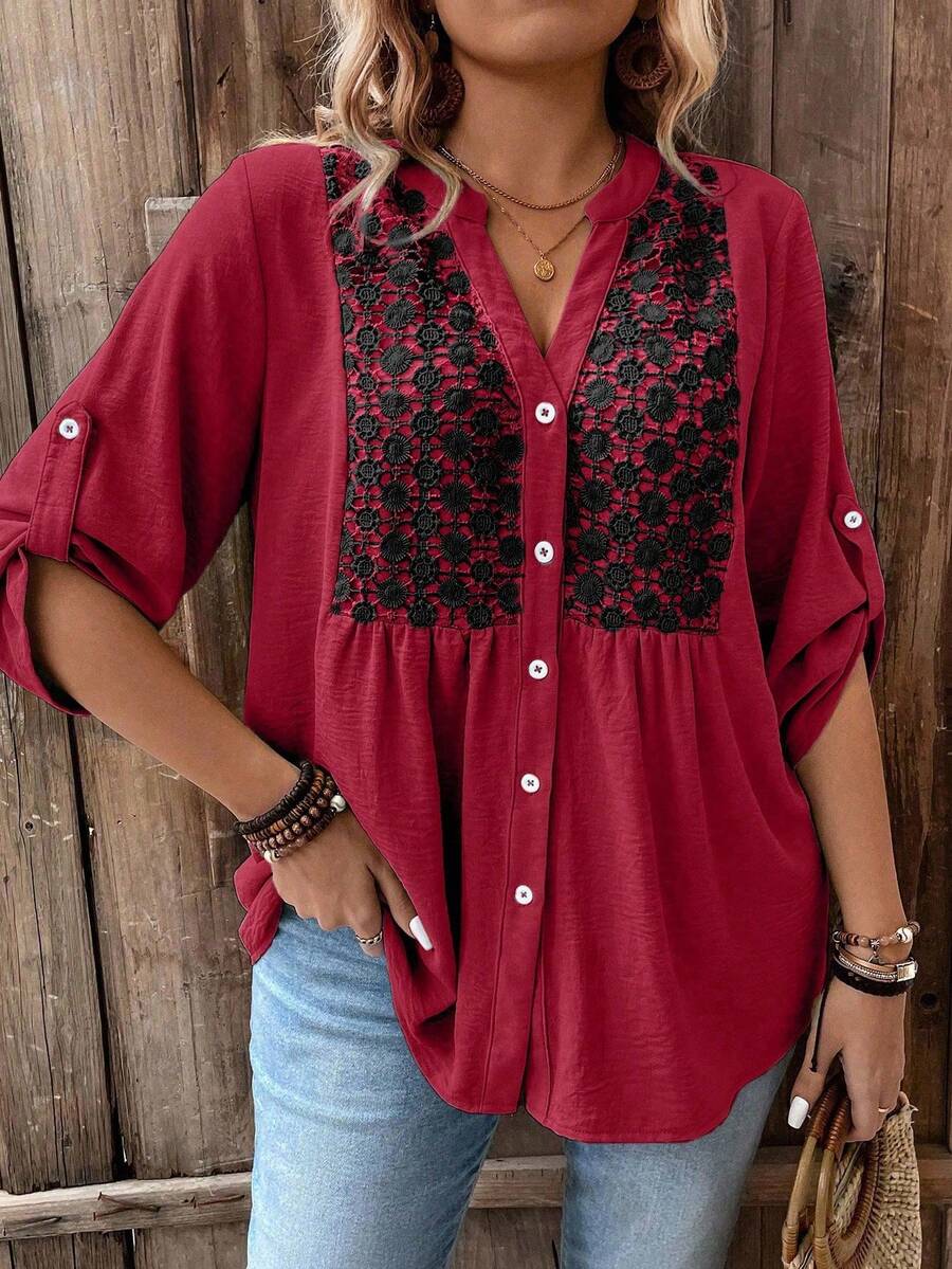 Weeklong Áo sơ mi cổ chữ V tay 3/4, cài nút, họa tiết ren cỡ lớn, thường ngày đi nghỉ - Nhiều màu - Xem 1