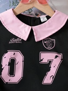 两件套女童休闲学院风连帽卫衣和百褶裙，黑色字母印花卫衣领口，粉色百褶裙，秋冬款 - 黑色 - 查看 3