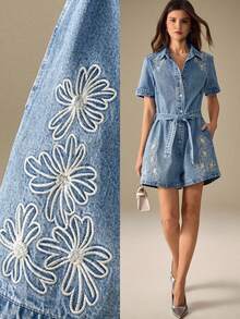 Selenza 女式蓝色常规肩短袖前扣刺绣时尚牛仔连体裤 - 藍色 - 查看 1