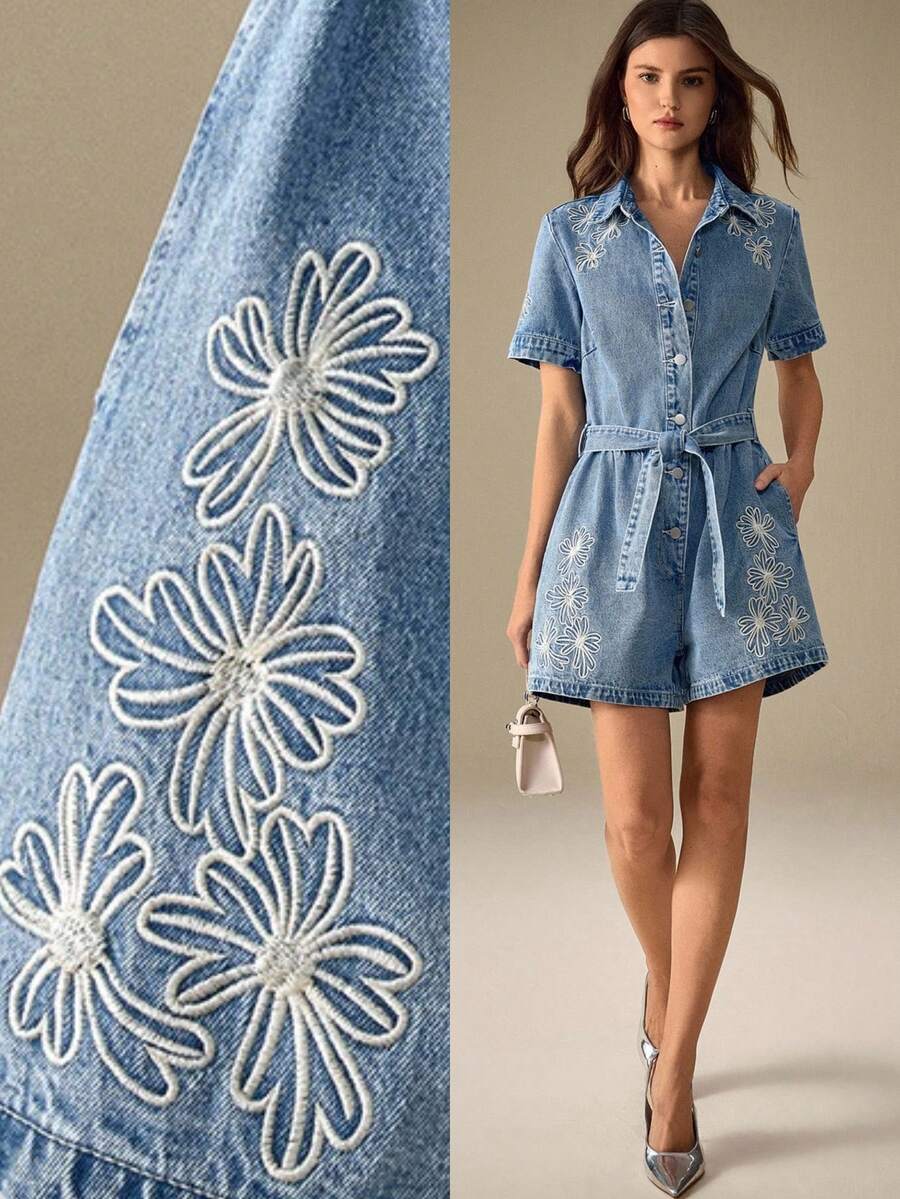 Selenza 女式蓝色常规肩短袖前扣刺绣时尚牛仔连体裤 - 藍色 - 查看 1