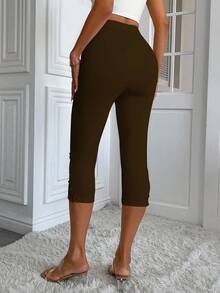 EMERY ROSE 女士弹力腰带撞色蕾丝七分紧身裤 - 咖啡棕 - 查看 2