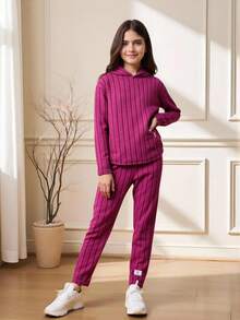 SHEIN 青少女字母拼接垂肩連帽t恤＆緊身褲 - 玫紅色 - 查看 9