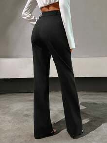 EURMUSE 优雅的超高腰双层面料西装裤，时尚直筒剪裁，宽腿廓形，隐藏式侧袋 - 别致精致的定制裤子，打造精致专业的外观 - 无缝设计，隐藏式前开合，打造时尚外观 - 永恒的黑色正装，适合办公室、商务和权力着装 - 黑色 - 查看 2