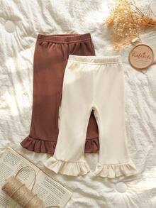 Vintaside Kids 2件套女婴休闲舒适纯色松紧腰荷叶边下摆喇叭裤套装 - 彩色 - 查看 3