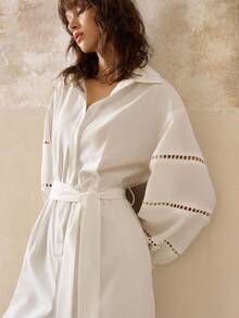 Cévolie 女装春秋新款波西米亚碎花拼接灯笼袖衬衫领阔腿宽松连体裤 - 白色 - 查看 7