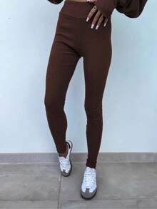 INAWLY Women's Solid Color Round Neck Long Sleeve Side Slit Hem Loose Sweatshirt And Pants Casual 2 Pieces Set, Spring & Fall - Coffee Brown - View 6