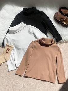 SHEIN 3pcs Baby Boy Turtleneck Long Sleeve Base Layer,Thermal Lined Winter Basics For Back-To-School,Black And White Solid Casual Tops For Carrer Day - Multicolor - View 1