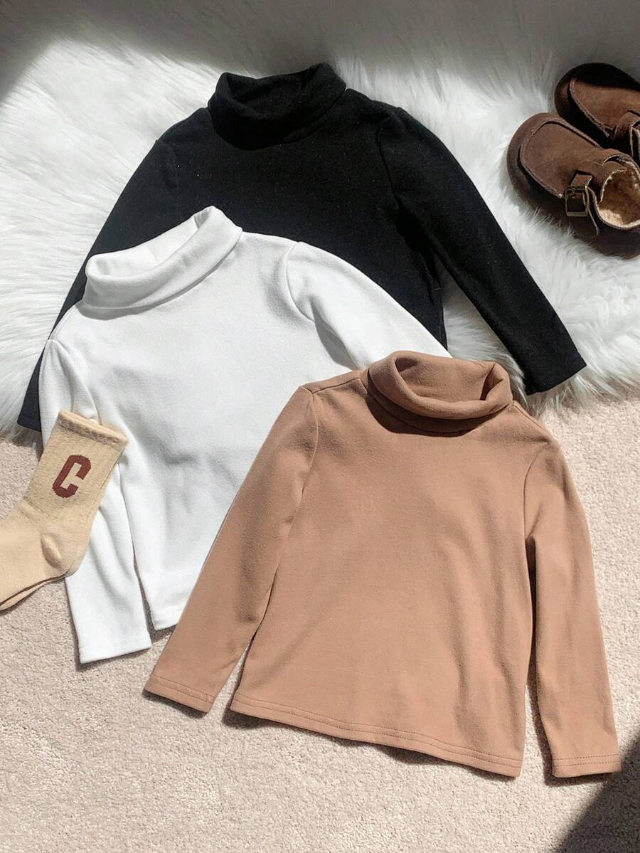 SHEIN 3pcs Baby Boy Turtleneck Long Sleeve Base Layer,Thermal Lined Winter Basics For Back-To-School,Black And White Solid Casual Tops For Carrer Day - Multicolor - View 1