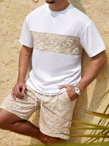 Manfinity Homme 男士休闲拼色提花拼布短袖 T 恤和短裤套装 - 彩色 - 查看 4