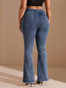 SHEIN BAE Quần Jeans Ống Loe Đơn Giản Cài Nút Phía Trước Cỡ Lớn, Mặc Thường Ngày - Rửa tối - Xem 2