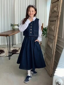 Dazy Kids 2pcs Tween Girls Sleeveless Round Neck Tank Top And Elastic Waist Pleated Skirt Set - Blue - View 2