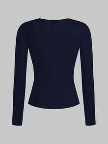 SHEIN EZwear 2 件套女士海军蓝和白色圆领休闲修身长袖 T 恤套装，适合秋冬季 - 彩色 - 查看 6
