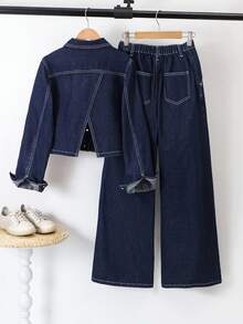 SHEIN 2pcs/Set Teen Girl Navy Blue Denim Lapel Long Sleeve Cropped Jacket & Pleated Wide Leg Pants,Korean Style Denim Set, Two Piece Denim Set, Wide Leg Jeans Kids Jean 2 Piece Set Fall Winter