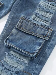 SHEIN Pantalones cargo de mezclilla rectos con pierna recta, lavado azul claro, con múltiples bolsillos, estilo vintage de calle, desgastados y rotos, para niña joven - Azul lavado oscuro - Ver 6