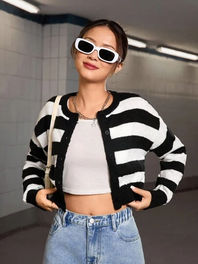 Teen Girl Casual Daily Contrast Stripe Button Front Cardigan Cropped Cardigan Striped Cardigan Black And White Cardigan Teen Cardigan Girl Cardigan