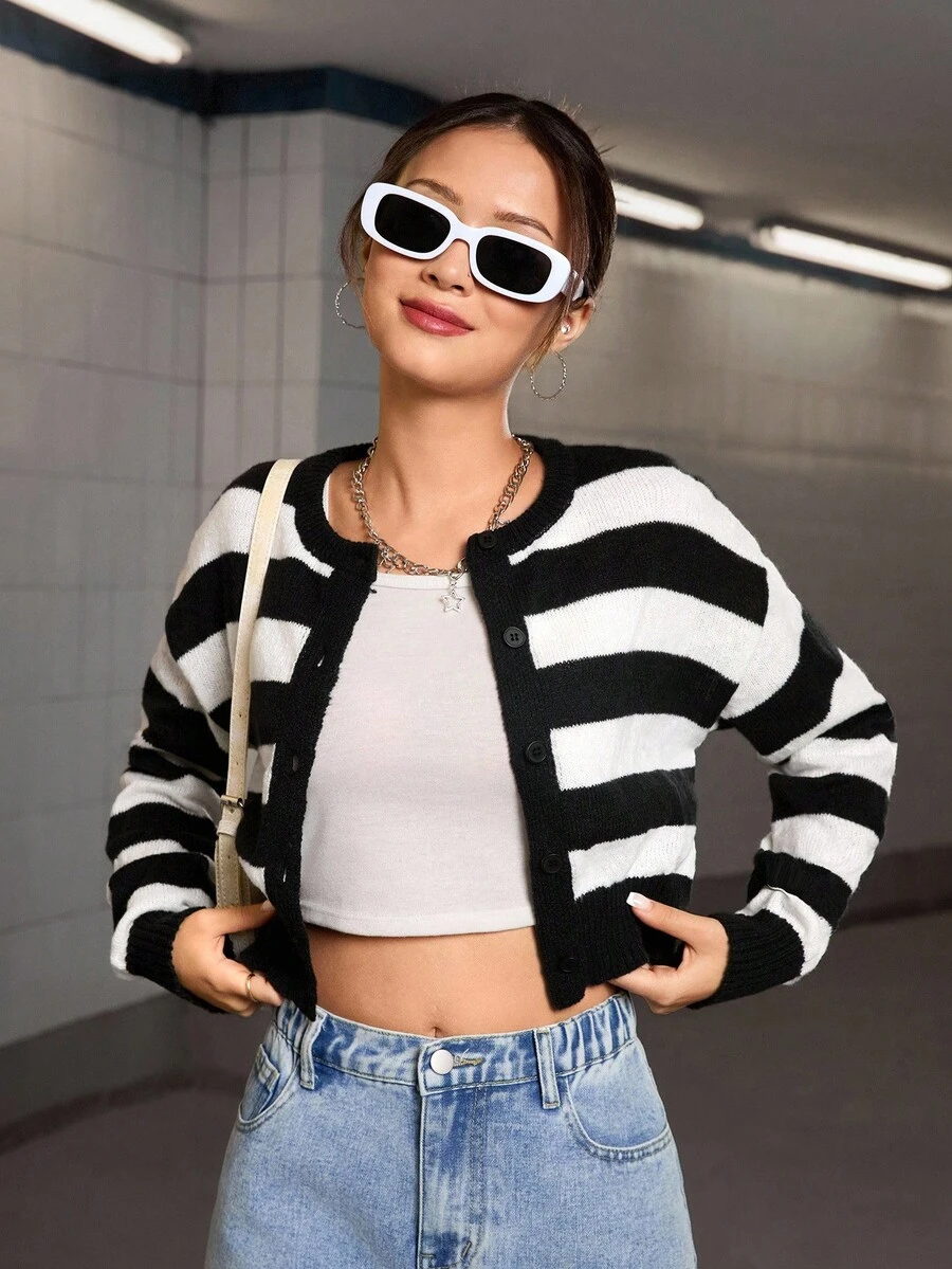 Teen Girl Casual Daily Contrast Stripe Button Front Cardigan Cropped Cardigan Striped Cardigan Black And White Cardigan Teen Cardigan Girl Cardigan - Black and White - View 1