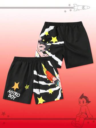Astro Boy X ROMWE Pantalones cortos casuales de hombre con estampado tejido, adecuados para primavera/verano