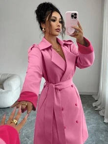 Elenzga Nuevo abrigo de mujer con cuello vuelto, manga larga, de tela de lana de doble cara, con abertura frontal, doble botonadura, cinturón, diseño reversible, midi, casual, cómodo, versátil para uso diario, con cintura ceñida, estilizador, juvenil y elegante para damas, para otoño/invierno