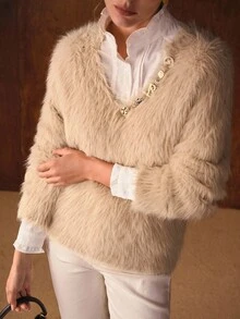 MOTF PREMIUM METAL DECOR FLUFFY KNIT PULLOVER SWEATER - Khaki - View 6