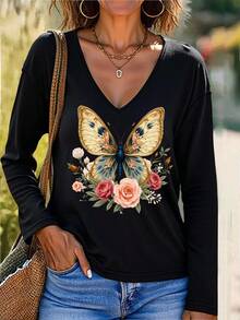 EMERY ROSE Áo thun dài tay cổ chữ V in hình bướm và hoa tối giản dành cho nữ, phù hợp cho mùa thu/đông - màu đen - Xem 4