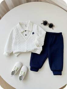 SHEIN 2pcs/Set Baby Boy Cute Knitted Long Sleeve Sweatshirt And Elastic Waist Jogger Pants Tracksuit Set, Back To School Fashion Unisex Baby Clothes, Baby Winter Clothes - Multicolor - View 3