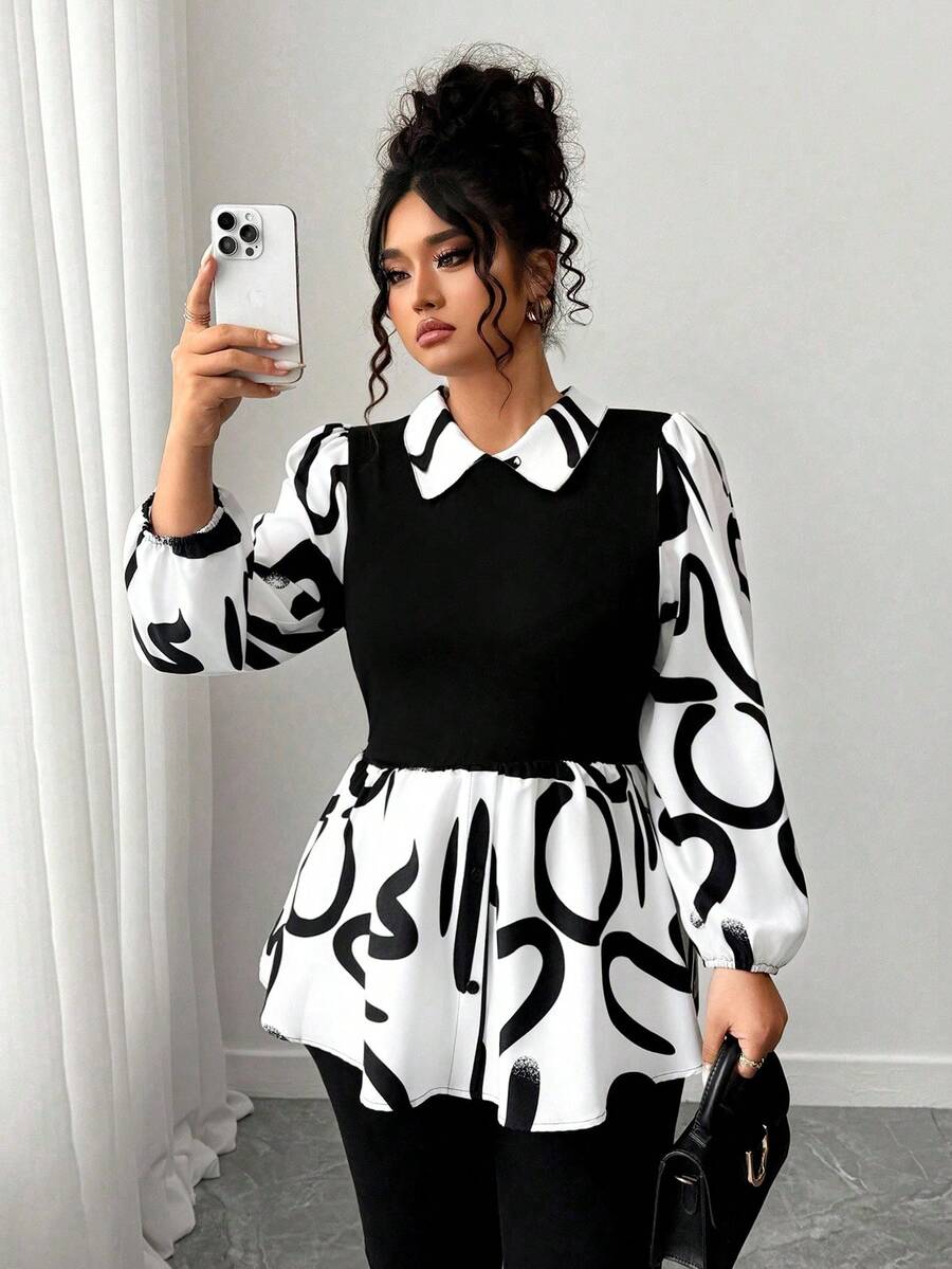 Elenzga Plus Size Fashionable Commuter Contrast Color Print Patchwork Shirt Fall Cloth For Women