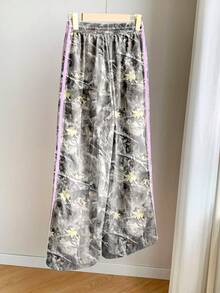 Comfortcana 女士休闲迷彩树枝印花撞色裤，侧条纹松紧腰宽松运动裤，适合女士夏季，休闲百搭，适合日常街头穿着，工装裤 - 彩色 - 查看 2