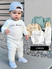 6pcs Baby Boy/Girl Cute Cartoon Letter Print Solid Color Long Sleeve Sweatshirt & Knit Jogger Pants 2pcs Set, Suitable For Autumn/Winter Outings Fall - Multicolor - View 5