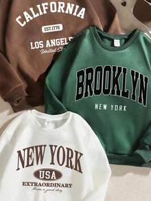 SHEIN Explorewe Bộ 3 áo nỉ in chữ thời trang thường ngày tối giản cho bé gái (California, Brooklyn, New York), cổ tròn, tay dài, màu nâu, xanh lá cây, trắng, phù hợp mặc hàng ngày, thể thao và đi học, mùa thu/đông - Nhiều màu - Xem 3