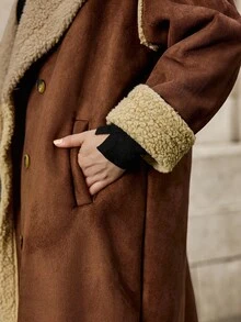 Easura Plus Size Women Faux Shearling Long Sleeve Mid-Length Jacket, Fashionable Winter Fall Autumn