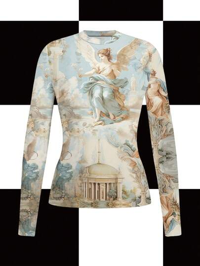 Y2Kool cha5rlie Camisetas multicolor de manga larga con cuello redondo para mujer, estampado gráfico de mármol casual para verano, camiseta gráfica para mujer para salir, oficina, negocios casuales, viajes, aeropuerto, ropa urbana, ropa de otoño, tops básicos modestos, ropa de otoño e invierno, colección de ropa de estilo, atuendos de Año Nuevo