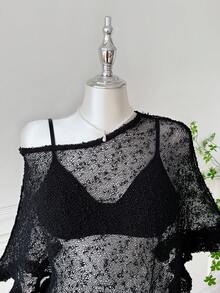 SHEIN EZwear 大码女式绿色荷叶边下摆半透明休闲钩针斗篷，适合夏季外出和约会 - 黑色 - 查看 6