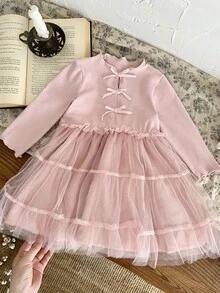 SHEIN Korean Style 2 In 1 Plaid Dress, Sweet Princess Baby Girl Outfit, Spring/Autumn Fall Winter - Dusty Pink - View 3