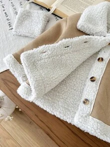 SHEIN Chaqueta casual y linda de contraste de color caqui de sherpa para niñas bebé - Caqui - Ver 6