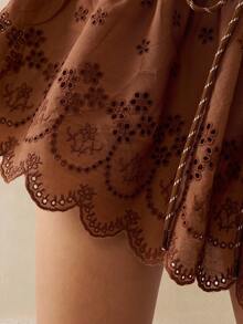 Cévolie Brown Hollow Lace Patchwork Elastic Waist Faux Drawstring Mini Skirt