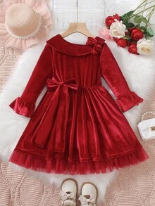 Young Girls Elegant Velvet Long Sleeve Dress, Decorated With Mesh And Bow For Vibe, Suitable For Christmas Party, Daily Wear In Autumn/Winter - Red - View 3