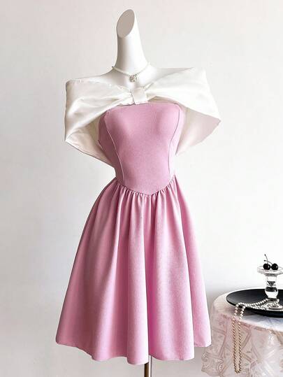 SHEIN Sweetra Young 少女露肩蝴蝶结拼接粉色迷你连衣裙，优雅休闲度假装，适合春夏季，女孩化装舞会，公主风格，花卉/装饰设计，无传统图案