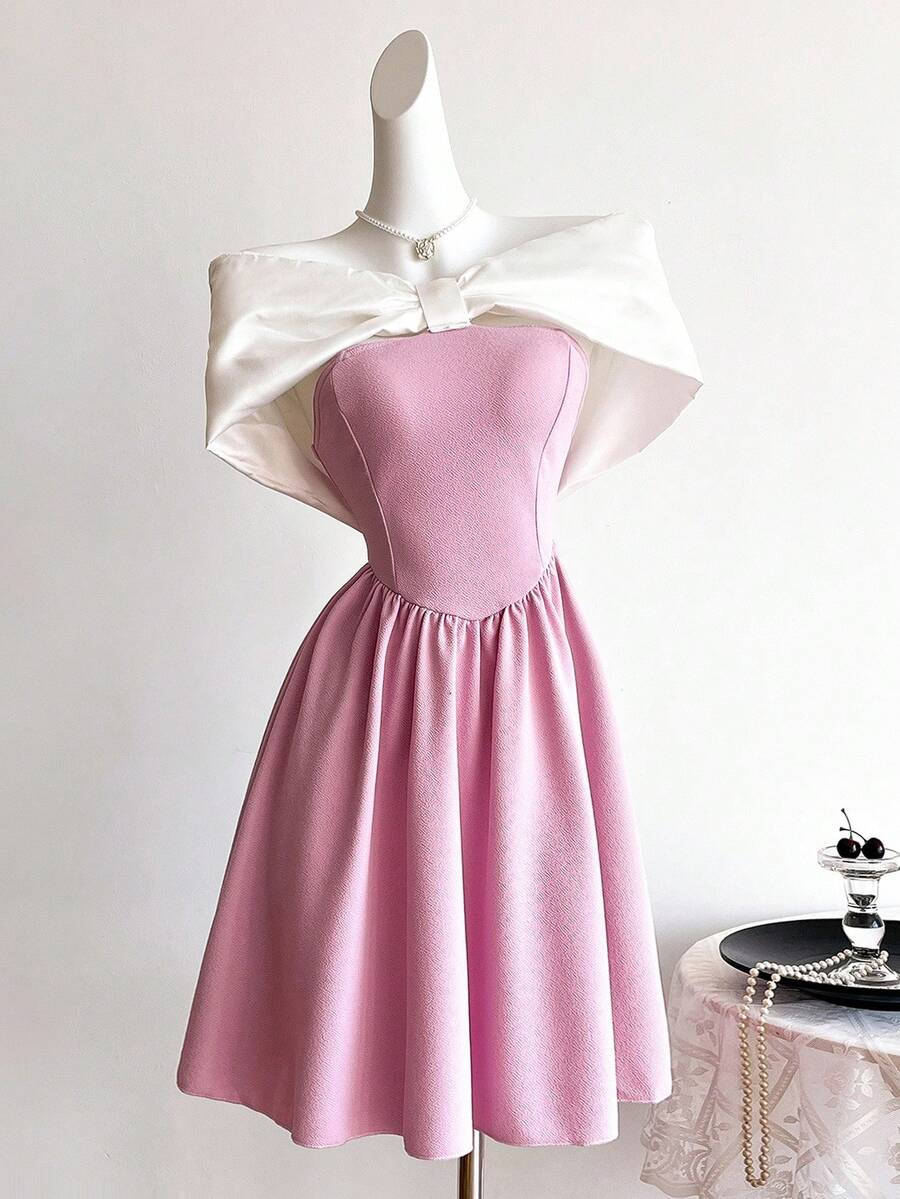 SHEIN Sweetra Young 少女露肩蝴蝶结拼接粉色迷你连衣裙，优雅休闲度假装，适合春夏季，女孩化装舞会，公主风格，花卉/装饰设计，无传统图案