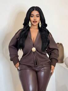 Maweii Plus Size Jacket Cardigan Thin Windbreaker, Detachable Metal Button Decor, Loose Streetwear Casual Everyday Commute Long Sleeve Coat, Autumn/Winter - Brown - View 7