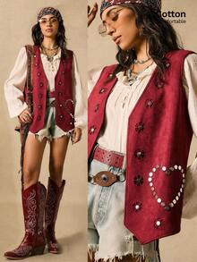 2025 Easelle 红色铆钉上衣，鹿皮绒面料，心形铆钉口袋细节，复古游牧风格，复古红色上衣，铆钉上衣，秋季女装 - 紅木色 - 查看 1