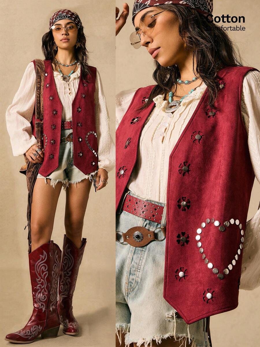 2025 Easelle 红色铆钉上衣，鹿皮绒面料，心形铆钉口袋细节，复古游牧风格，复古红色上衣，铆钉上衣，秋季女装 - 紅木色 - 查看 1