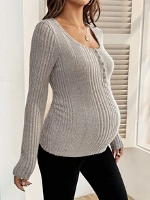 Áo dệt kim cài nút vừa vặn cho bà bầu - Màu Khaki - Xem 6