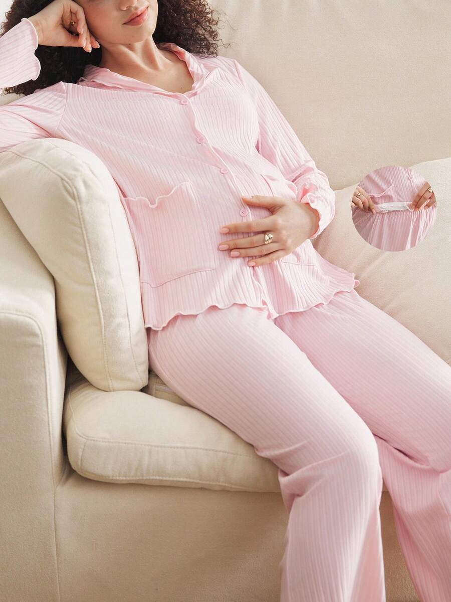 两件套舒适波浪领长袖上衣和长裤，柔软简约孕妇家居服套装，秋冬装，舒适保暖。