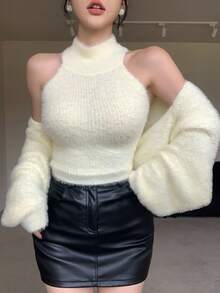 DAZY 2 件套女士毛绒高领吊带背心和开衫套装，性感修身秋冬 - 米色 - 查看 7