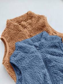SHEIN 2pcs Baby Boy/Girl Cute Solid Color Fluffy Vest Jacket Set, Autumn/Winter Fall